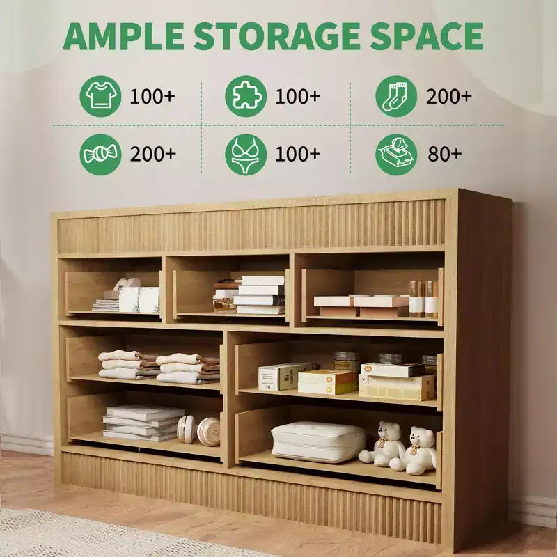 Commode en bois à 7 tiroirs de 137 cm de large, avec façades cannelées, organisateur de rangement pour chambre, salon, couloir et entrée