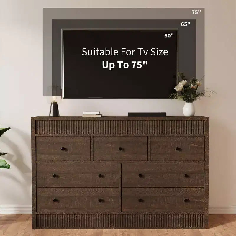 Commode en bois à 7 tiroirs de 137 cm de large, avec façades cannelées, organisateur de rangement pour chambre, salon, couloir et entrée