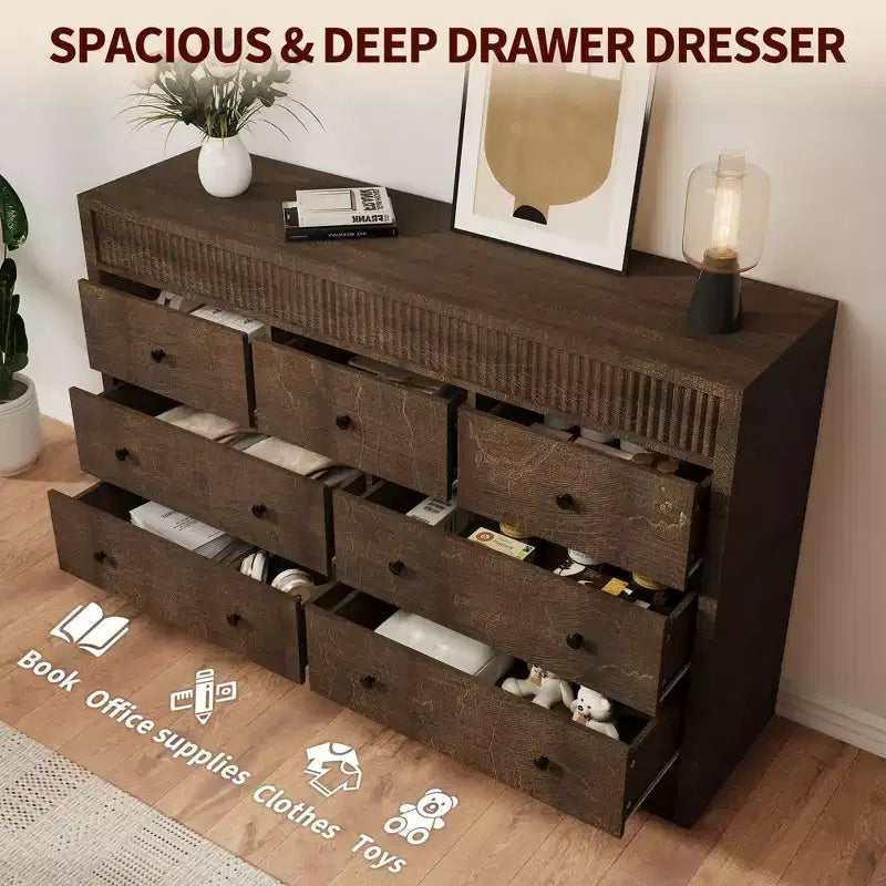 Commode en bois à 7 tiroirs de 137 cm de large, avec façades cannelées, organisateur de rangement pour chambre, salon, couloir et entrée