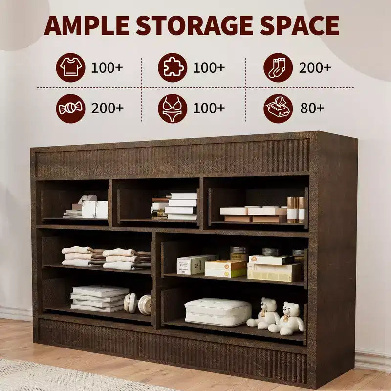 Commode en bois à 7 tiroirs de 137 cm de large, avec façades cannelées, organisateur de rangement pour chambre, salon, couloir et entrée