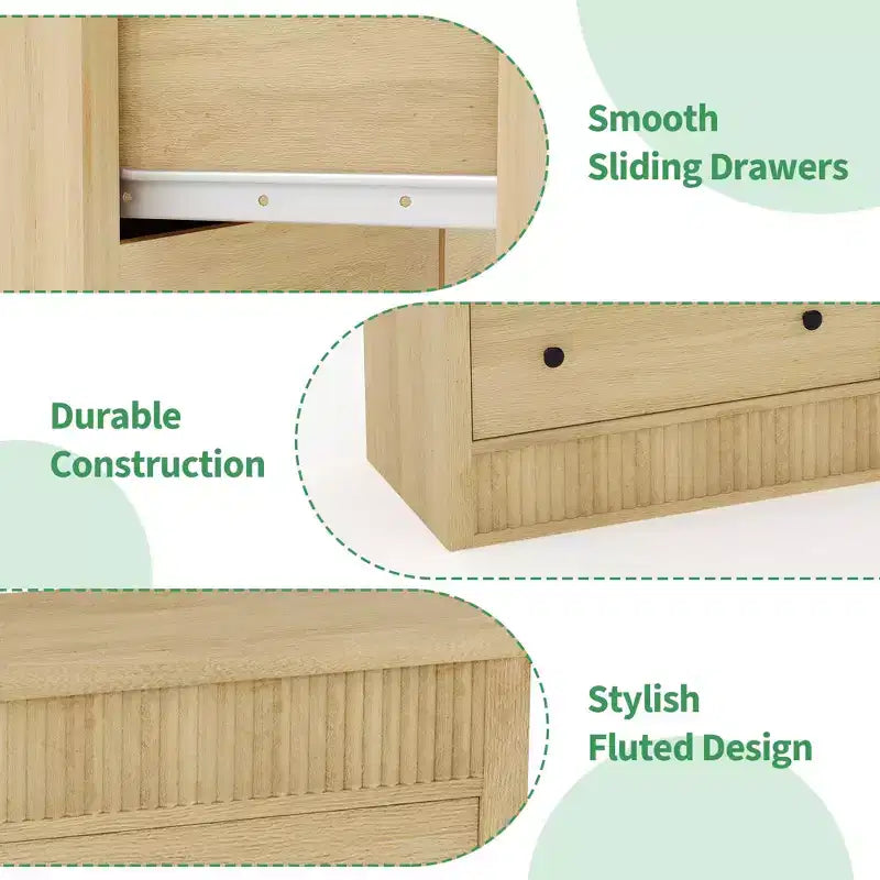 Commode en bois à 7 tiroirs de 137 cm de large, avec façades cannelées, organisateur de rangement pour chambre, salon, couloir et entrée