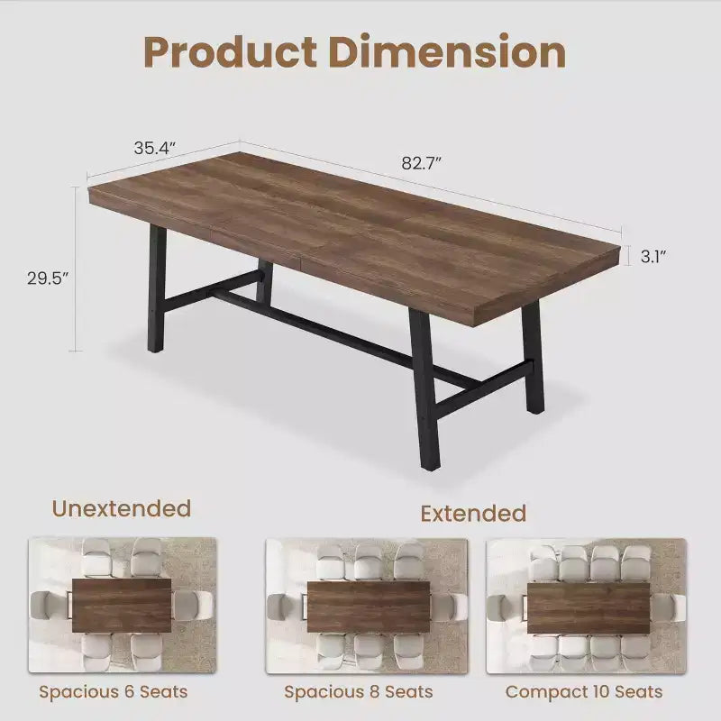 Table à manger extensible de 63 à 83 pouces, table rectangulaire industrielle pour 6 à 8 personnes, table de cuisine extensible marron rustique avec cadre en métal robuste