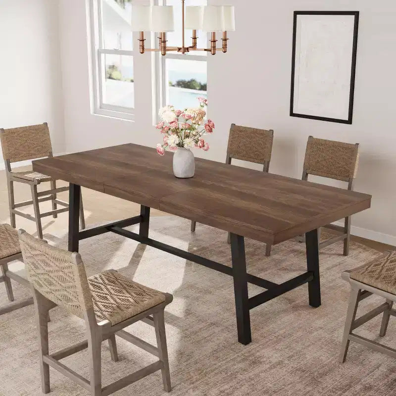 Table à manger extensible de 63 à 83 pouces, table rectangulaire industrielle pour 6 à 8 personnes, table de cuisine extensible marron rustique avec cadre en métal robuste