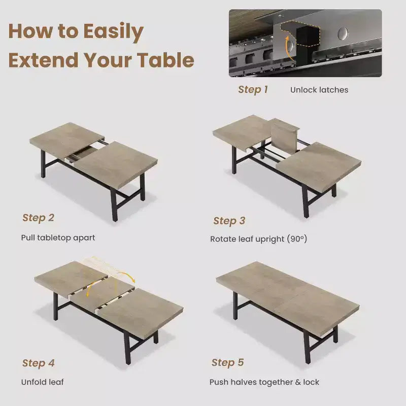 Table à manger extensible de 63 à 83 pouces, table rectangulaire industrielle pour 6 à 8 personnes, table de cuisine extensible marron rustique avec cadre en métal robuste