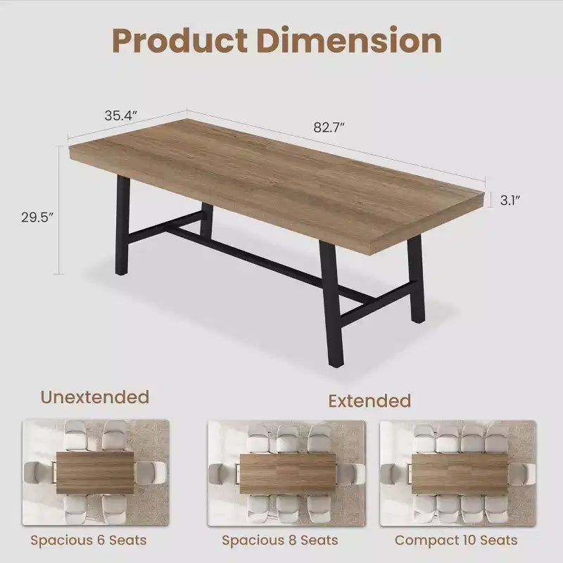 Table à manger extensible de 63 à 83 pouces, table rectangulaire industrielle pour 6 à 8 personnes, table de cuisine extensible marron rustique avec cadre en métal robuste