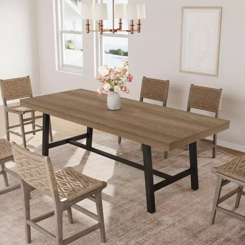 Table à manger extensible de 63 à 83 pouces, table rectangulaire industrielle pour 6 à 8 personnes, table de cuisine extensible marron rustique avec cadre en métal robuste
