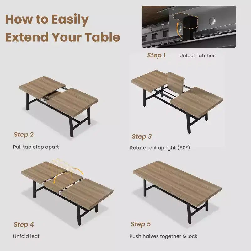 Table à manger extensible de 63 à 83 pouces, table rectangulaire industrielle pour 6 à 8 personnes, table de cuisine extensible marron rustique avec cadre en métal robuste