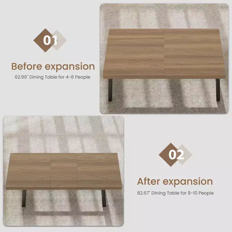 Table à manger extensible de 63 à 83 pouces, table rectangulaire industrielle pour 6 à 8 personnes, table de cuisine extensible marron rustique avec cadre en métal robuste