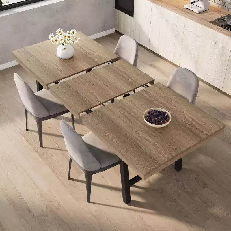 Table à manger extensible de 63 à 83 pouces, table rectangulaire industrielle pour 6 à 8 personnes, table de cuisine extensible marron rustique avec cadre en métal robuste
