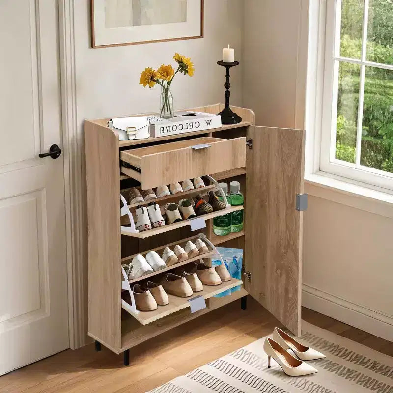 Meuble à chaussures cannelé avec 2 tiroirs basculants, Organiseur à chaussures moderne en bois étroit, Étagère à chaussures haute et fine pour entrée, Chêne