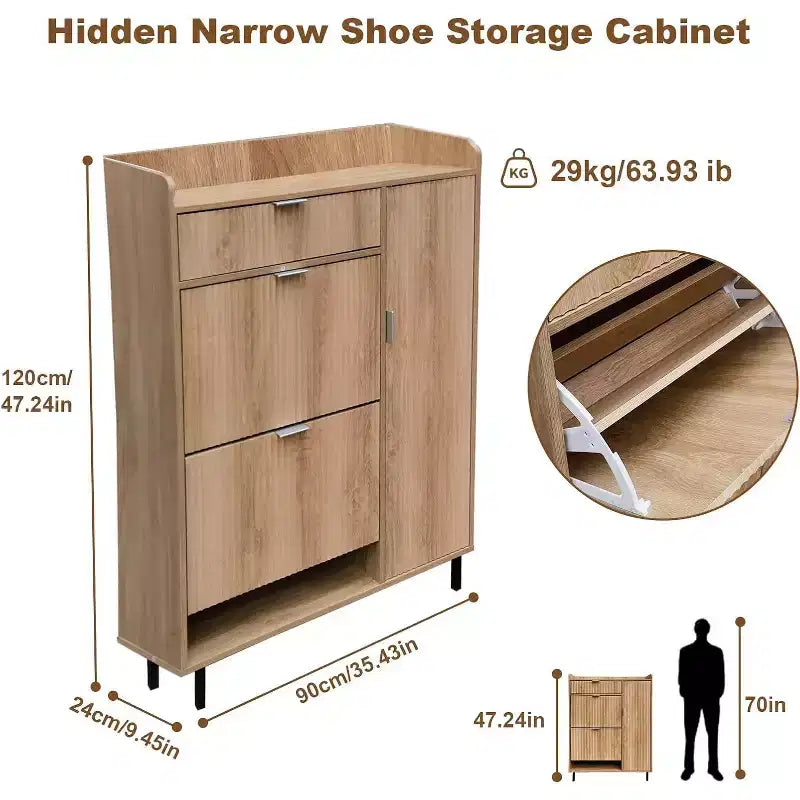 Meuble à chaussures cannelé avec 2 tiroirs basculants, Organiseur à chaussures moderne en bois étroit, Étagère à chaussures haute et fine pour entrée, Chêne
