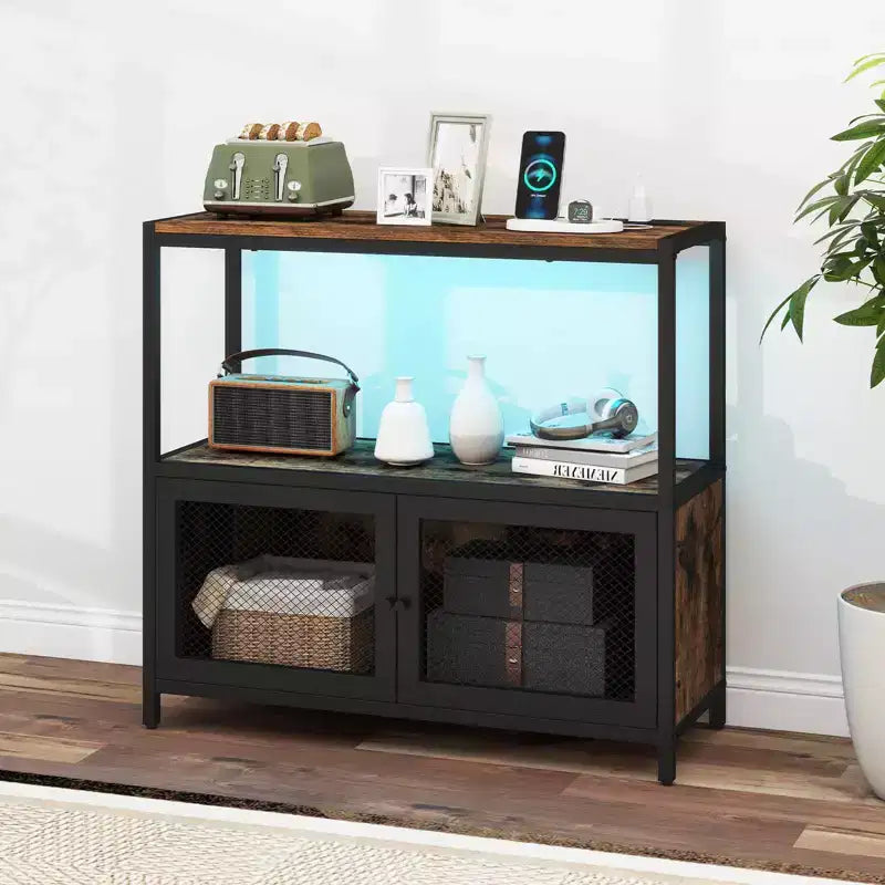 Meuble bar à café Costway avec lumières LED, buffet industriel avec station de charge