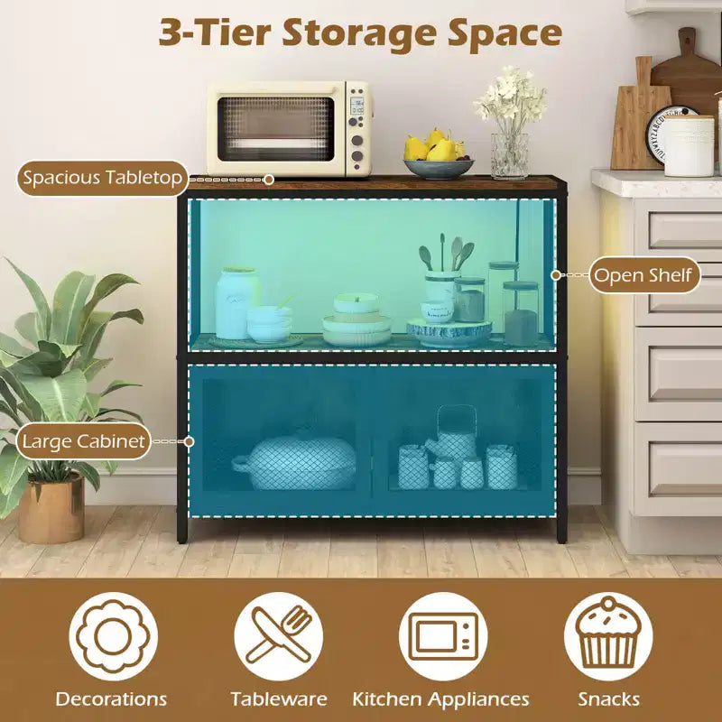 Meuble bar à café Costway avec lumières LED, buffet industriel avec station de charge