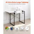 Table à coudre VEVOR, table de machine à coudre multifonctionnelle avec tablette latérale pliable, tablette réglable, pieds en acier, blanche