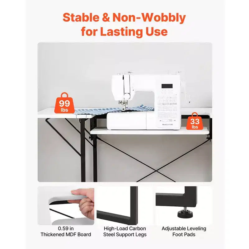 Table à coudre VEVOR, table de machine à coudre multifonctionnelle avec tablette latérale pliable, tablette réglable, pieds en acier, blanche