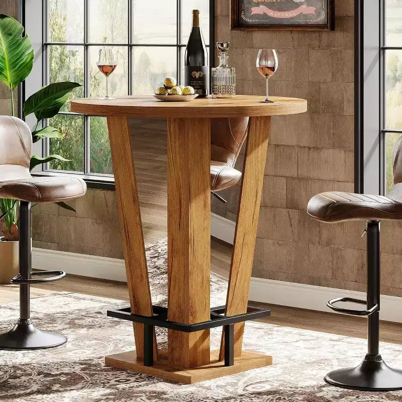 Lantine Round Bar Table, 39.4 H High Top Cocktail Bistro Pub Table with Metal Footrest for Living Room, Small Space (Only Table) (Brown)