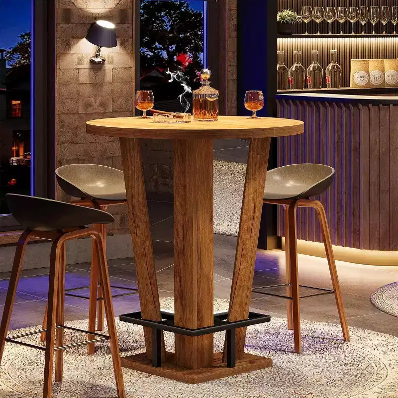 Table de bar ronde Lantine, table de bistrot haute 39,4 H avec repose-pieds en métal pour salon, petits espaces (table uniquement) (marron)