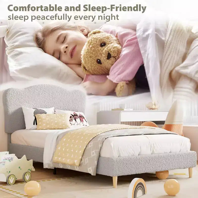 Cadre de lit plateforme rembourré pour enfants - Tête de lit mignonne, douce ou en bouclette - Support robuste à lattes en bois - Silencieux, aucun sommier tapissier requis
