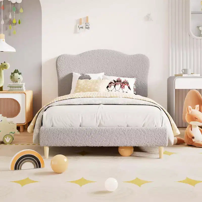 Cadre de lit plateforme rembourré pour enfants - Tête de lit mignonne, douce ou en bouclette - Support robuste à lattes en bois - Silencieux, aucun sommier tapissier requis