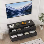 Meuble TV moderne avec support pour téléviseurs de 32 à 75 pouces, table console multimédia avec 4 tiroirs spacieux, commode de centre de divertissement pour le rangement du salon