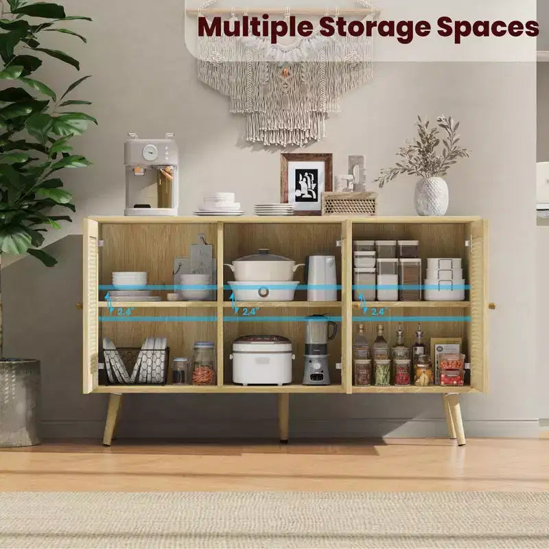 Coolmee Armoire de buffet en rotin 47,2 po avec rangement, buffet moderne avec étagères réglables, crédence de bar à café pour cuisine, salon, entrée.