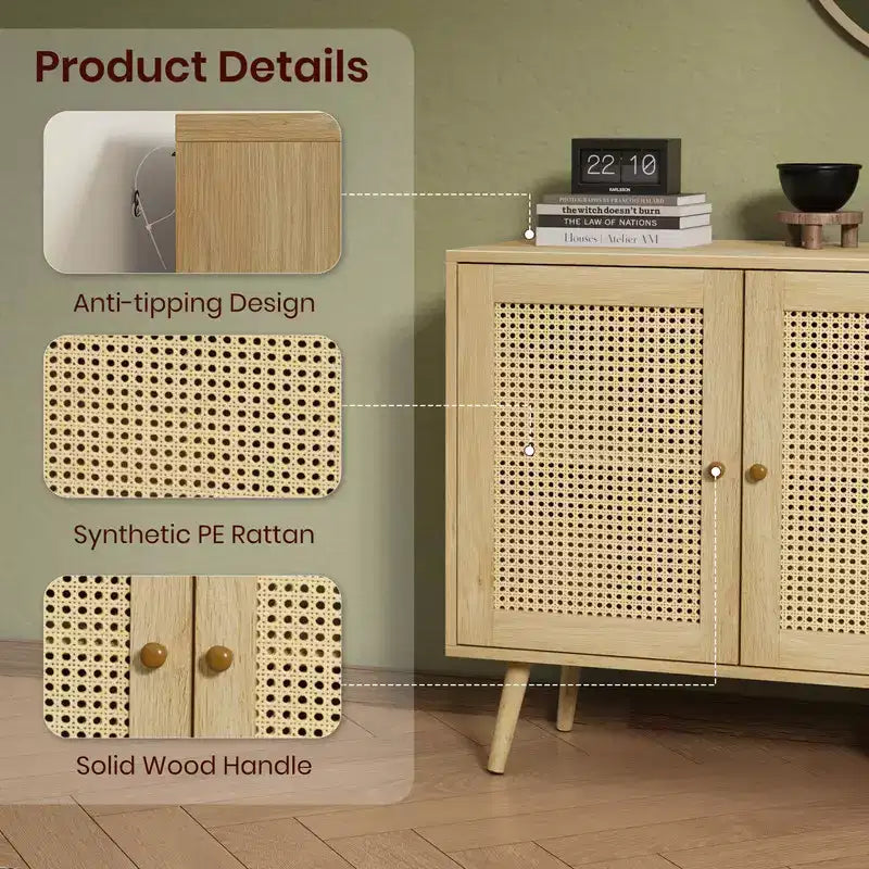 Coolmee Armoire de buffet en rotin 47,2 po avec rangement, buffet moderne avec étagères réglables, crédence de bar à café pour cuisine, salon, entrée.