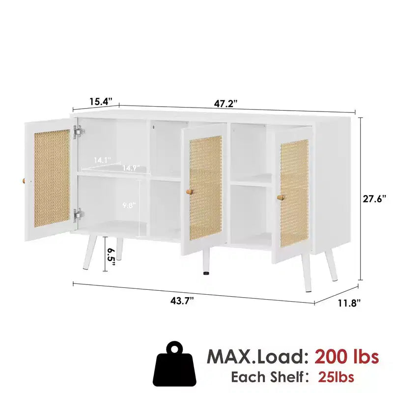 Coolmee Armoire de buffet en rotin 47,2 po avec rangement, buffet moderne avec étagères réglables, crédence de bar à café pour cuisine, salon, entrée.