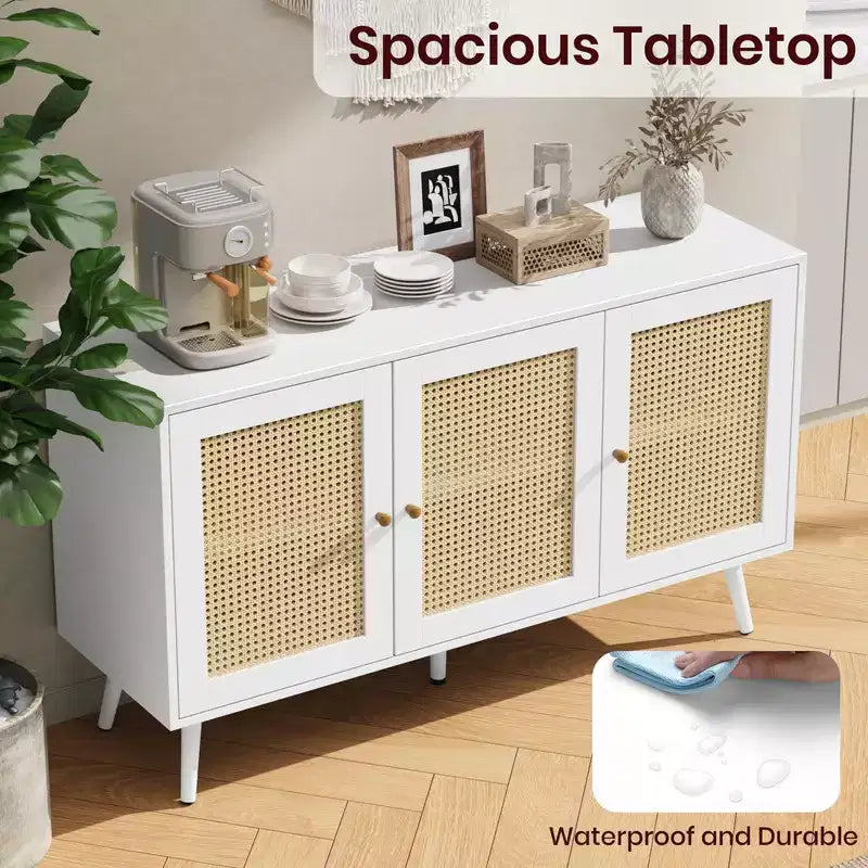 Coolmee Armoire de buffet en rotin 47,2 po avec rangement, buffet moderne avec étagères réglables, crédence de bar à café pour cuisine, salon, entrée.