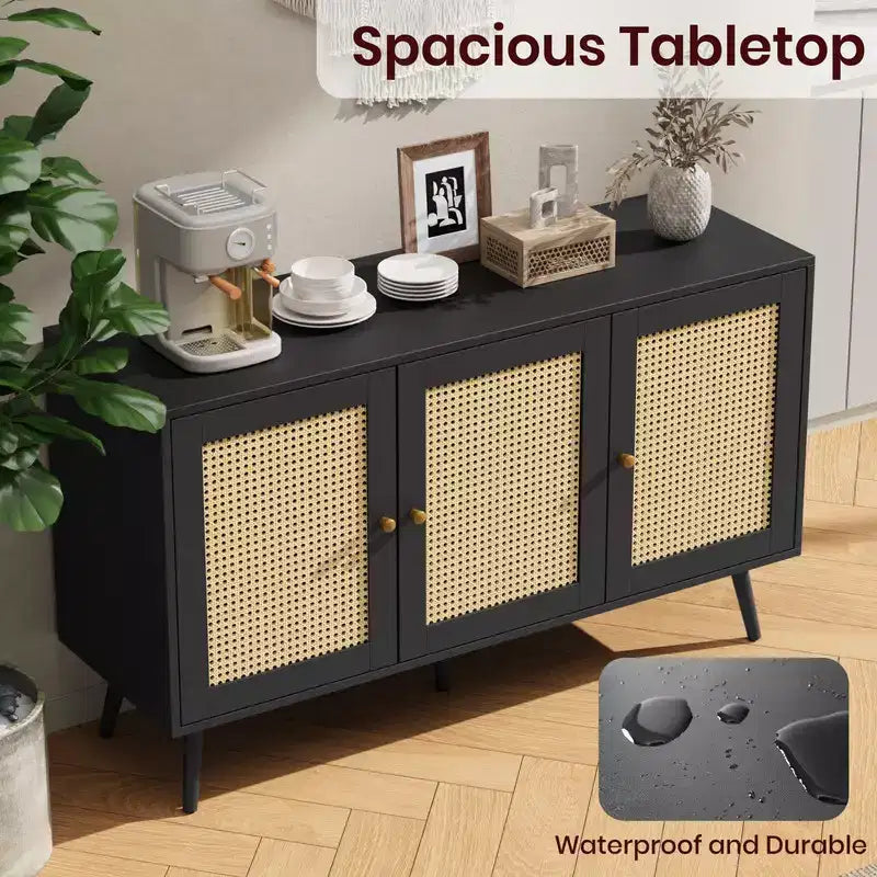 Coolmee Armoire de buffet en rotin 47,2 po avec rangement, buffet moderne avec étagères réglables, crédence de bar à café pour cuisine, salon, entrée.