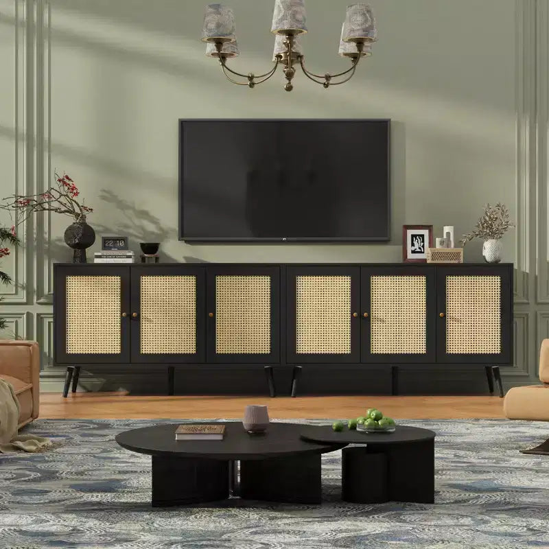 Coolmee Armoire de buffet en rotin 47,2 po avec rangement, buffet moderne avec étagères réglables, crédence de bar à café pour cuisine, salon, entrée.