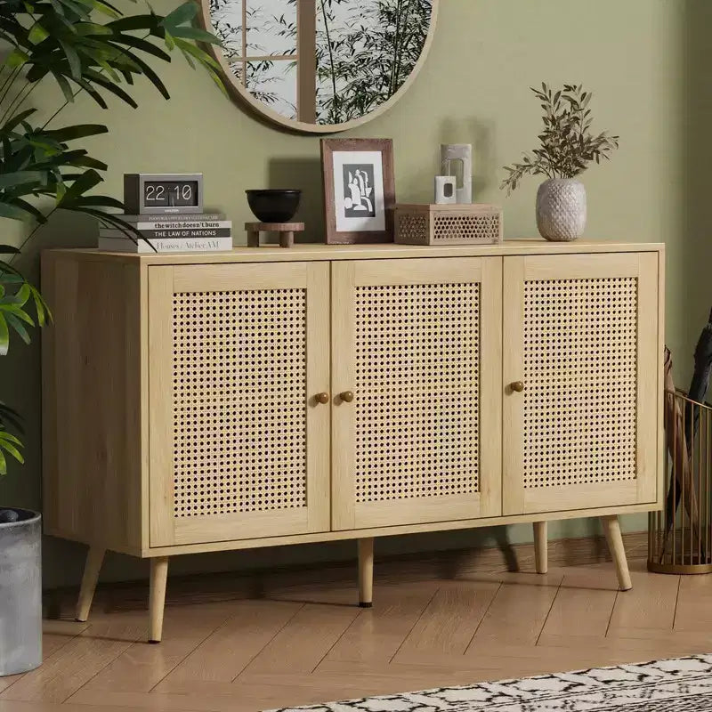 Coolmee Armoire de buffet en rotin 47,2 po avec rangement, buffet moderne avec étagères réglables, crédence de bar à café pour cuisine, salon, entrée.