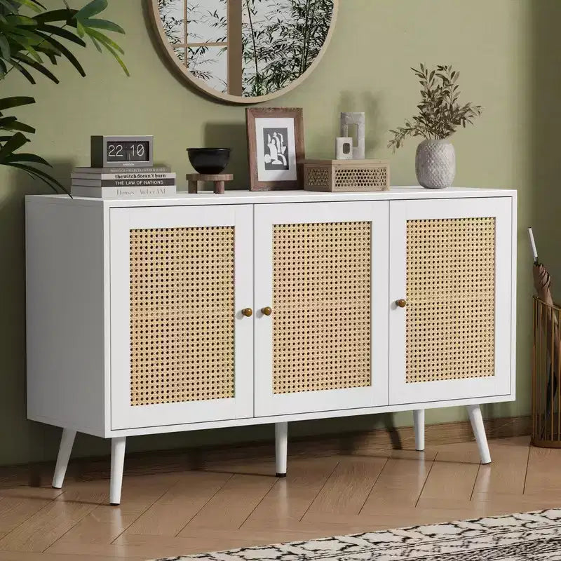 Coolmee Armoire de buffet en rotin 47,2 po avec rangement, buffet moderne avec étagères réglables, crédence de bar à café pour cuisine, salon, entrée.