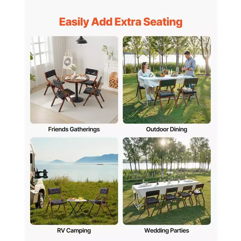 Chaises pliantes en bois VEVOR avec coussin en cuir, lot de 2, chaises pliantes portables avec coussin et cadre en bois, assemblage facile, noires