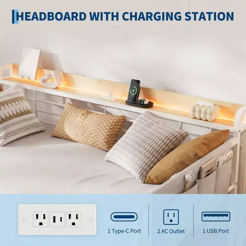 Coolmee Lit de repos double avec lit gigogne, tête de lit de rangement + station de recharge et sacs de rangement supplémentaires, lit-canapé robuste pour salon ou chambre d'amis