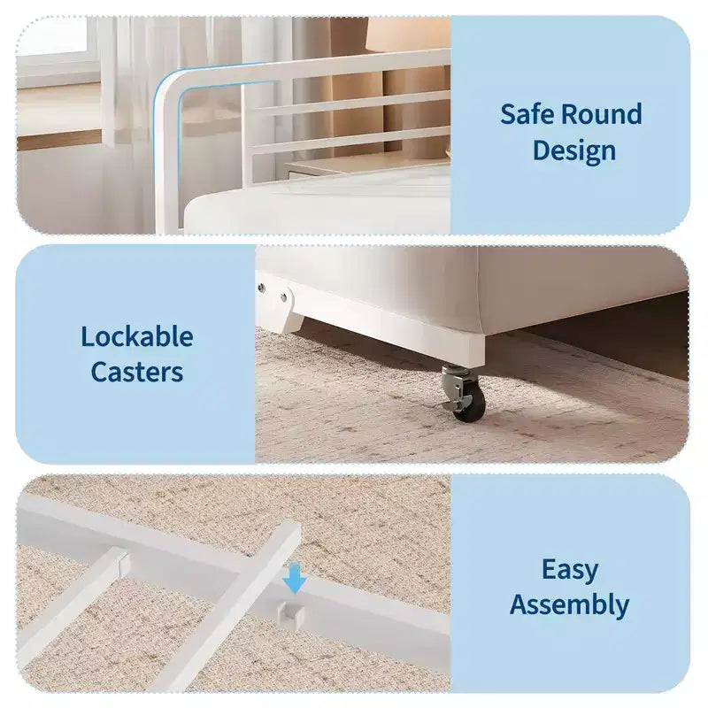 Coolmee Lit de repos double avec lit gigogne, tête de lit de rangement + station de recharge et sacs de rangement supplémentaires, lit-canapé robuste pour salon ou chambre d'amis