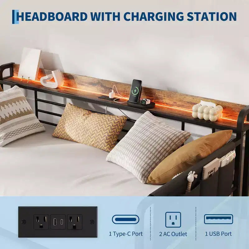 Coolmee Lit de repos double avec lit gigogne, tête de lit de rangement + station de recharge et sacs de rangement supplémentaires, lit-canapé robuste pour salon ou chambre d'amis