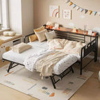Coolmee Lit de repos double avec lit gigogne, tête de lit de rangement + station de recharge et sacs de rangement supplémentaires, lit-canapé robuste pour salon ou chambre d'amis