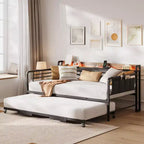 Coolmee Lit de repos double avec lit gigogne, tête de lit de rangement + station de recharge et sacs de rangement supplémentaires, lit-canapé robuste pour salon ou chambre d'amis