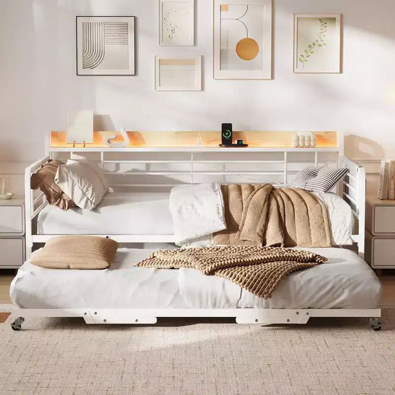 Coolmee Lit de repos double avec lit gigogne, tête de lit de rangement + station de recharge et sacs de rangement supplémentaires, lit-canapé robuste pour salon ou chambre d'amis