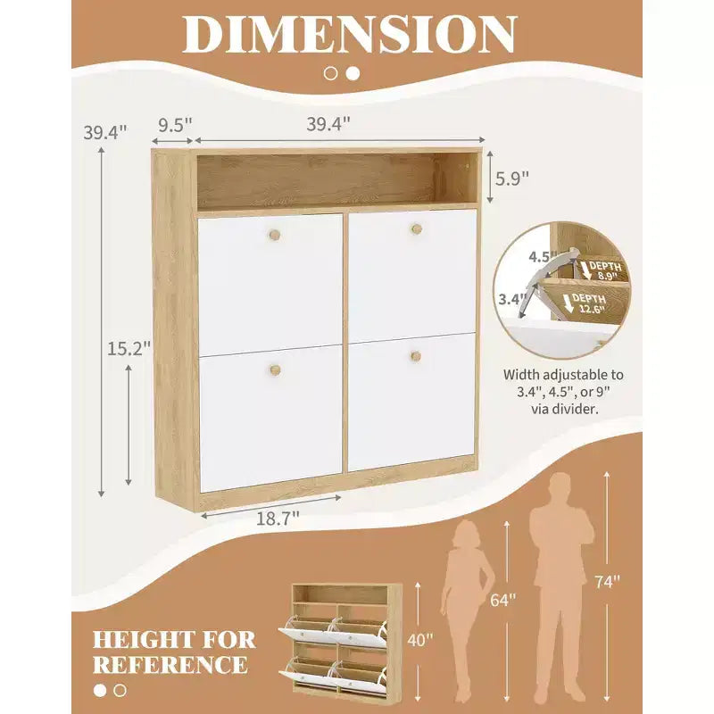 Meuble à chaussures étroit en bois avec 4 tiroirs basculants et étagère ouverte, meuble de rangement autonome pour chaussures pour entrée, couloir et chambre à coucher