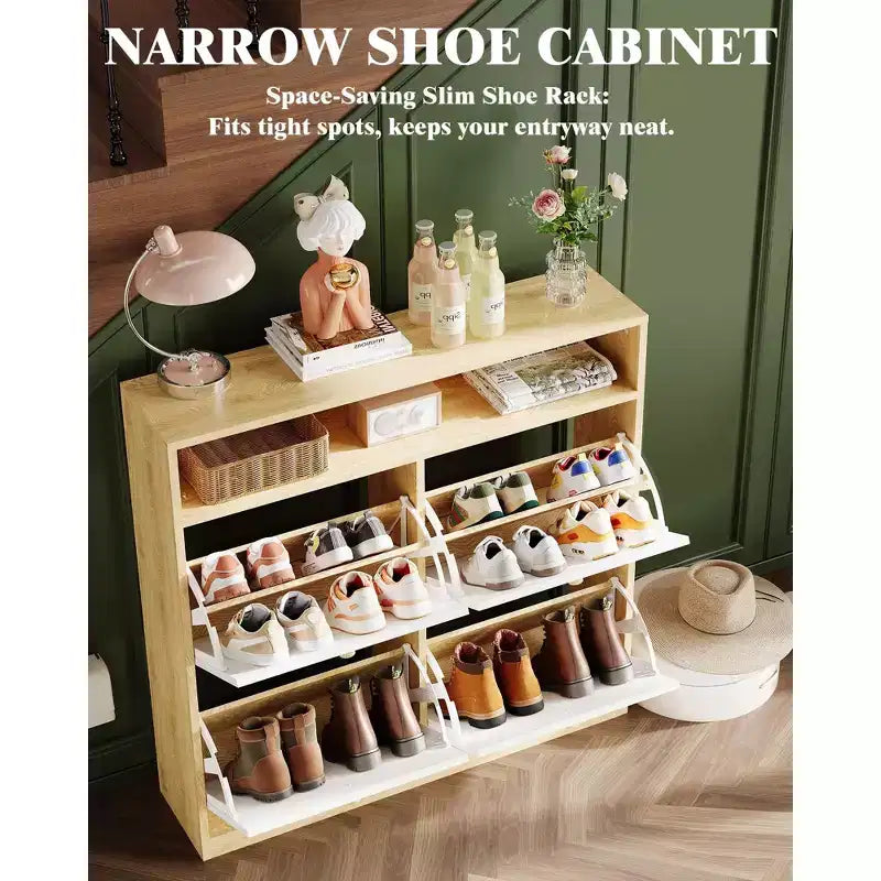 Meuble à chaussures étroit en bois avec 4 tiroirs basculants et étagère ouverte, meuble de rangement autonome pour chaussures pour entrée, couloir et chambre à coucher