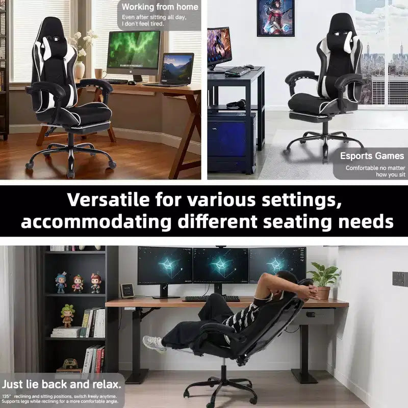 Chaise de jeu en cuir PU avec dossier inclinable et repose-pieds rétractable, chaise de bureau pivotante à dossier haut pour joueurs et bureau à domicile - Panipeachy