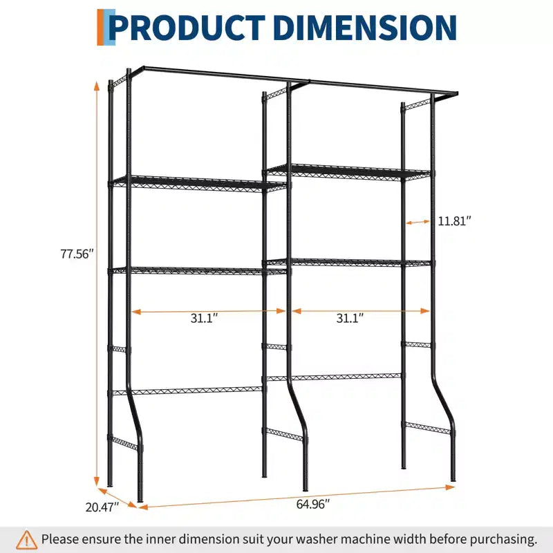 Étagère de buanderie au-dessus du lave-linge/sèche-linge, étagères de rangement en acier au carbone à 6 niveaux 57,8L x 22P x 77,4H avec tringles de suspension