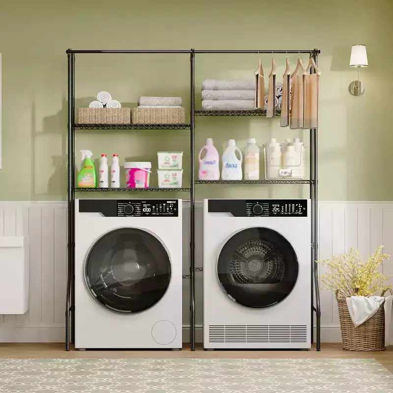 Étagère de buanderie au-dessus du lave-linge/sèche-linge, étagères de rangement en acier au carbone à 6 niveaux 57,8L x 22P x 77,4H avec tringles de suspension