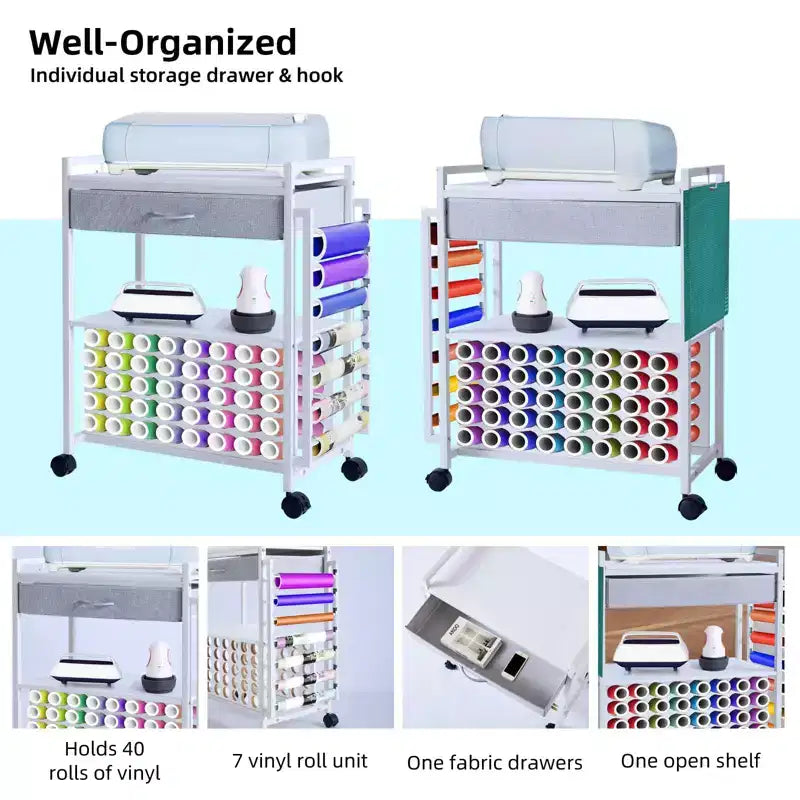 Meuble de rangement mobile pour loisirs créatifs avec support pour rouleaux de vinyle et support pour presse à chaud, organisateur compatible avec roulettes et tiroir pour salle de loisirs créatifs