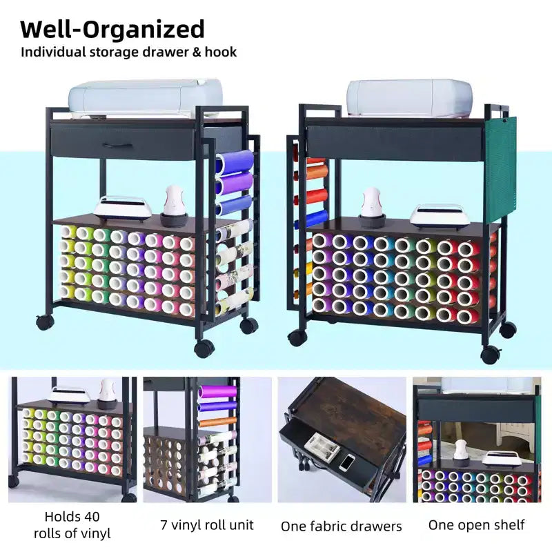 Meuble de rangement mobile pour loisirs créatifs avec support pour rouleaux de vinyle et support pour presse à chaud, organisateur compatible avec roulettes et tiroir pour salle de loisirs créatifs