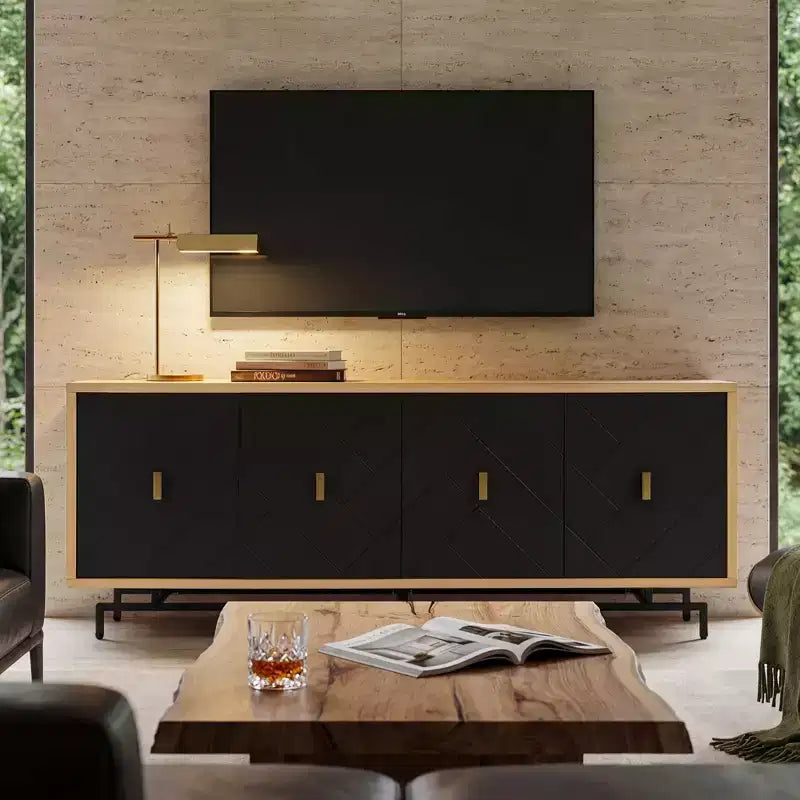 Meuble TV moderne noir de 188 cm pour centre de divertissement, grande console média avec 4 passe-câbles, base en métal pour salon - Morden Fort