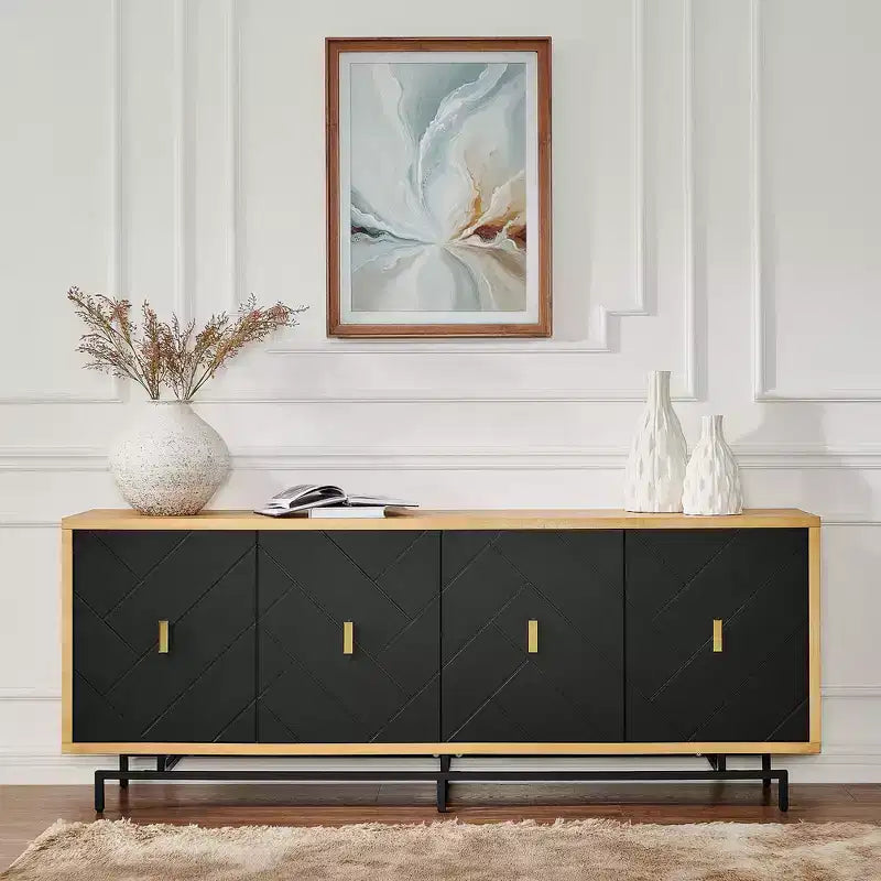 Meuble TV moderne noir de 188 cm pour centre de divertissement, grande console média avec 4 passe-câbles, base en métal pour salon - Morden Fort