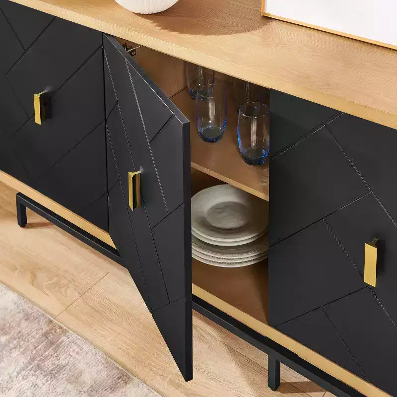 Meuble TV moderne noir de 188 cm pour centre de divertissement, grande console média avec 4 passe-câbles, base en métal pour salon - Morden Fort