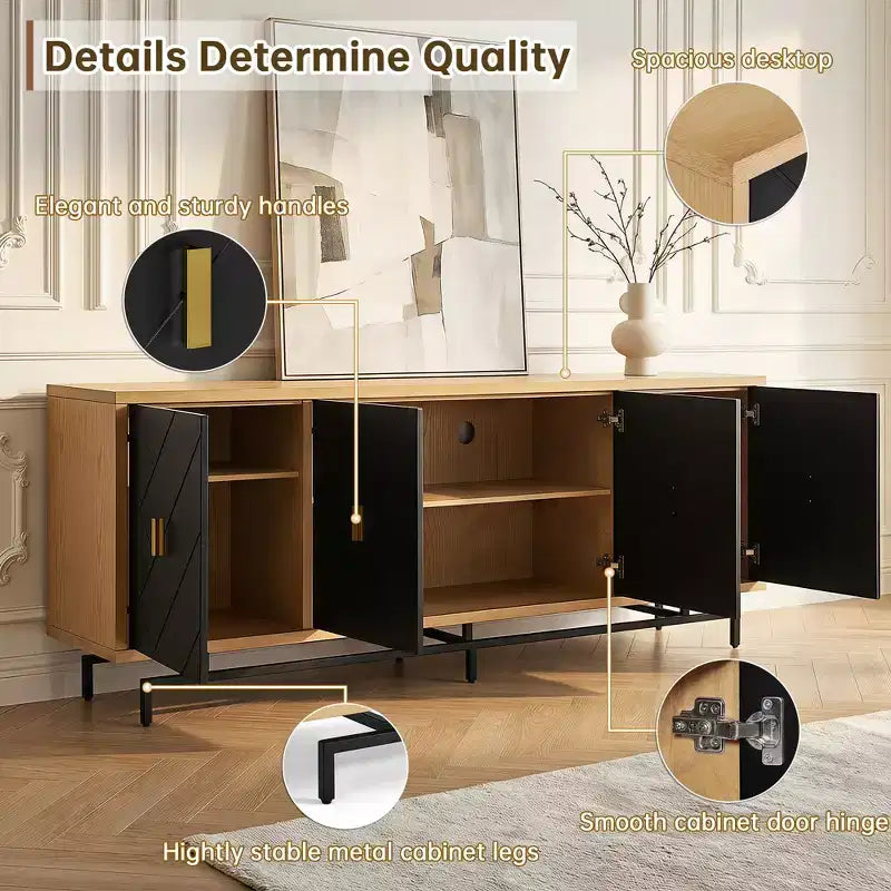 Meuble TV moderne noir de 188 cm pour centre de divertissement, grande console média avec 4 passe-câbles, base en métal pour salon - Morden Fort